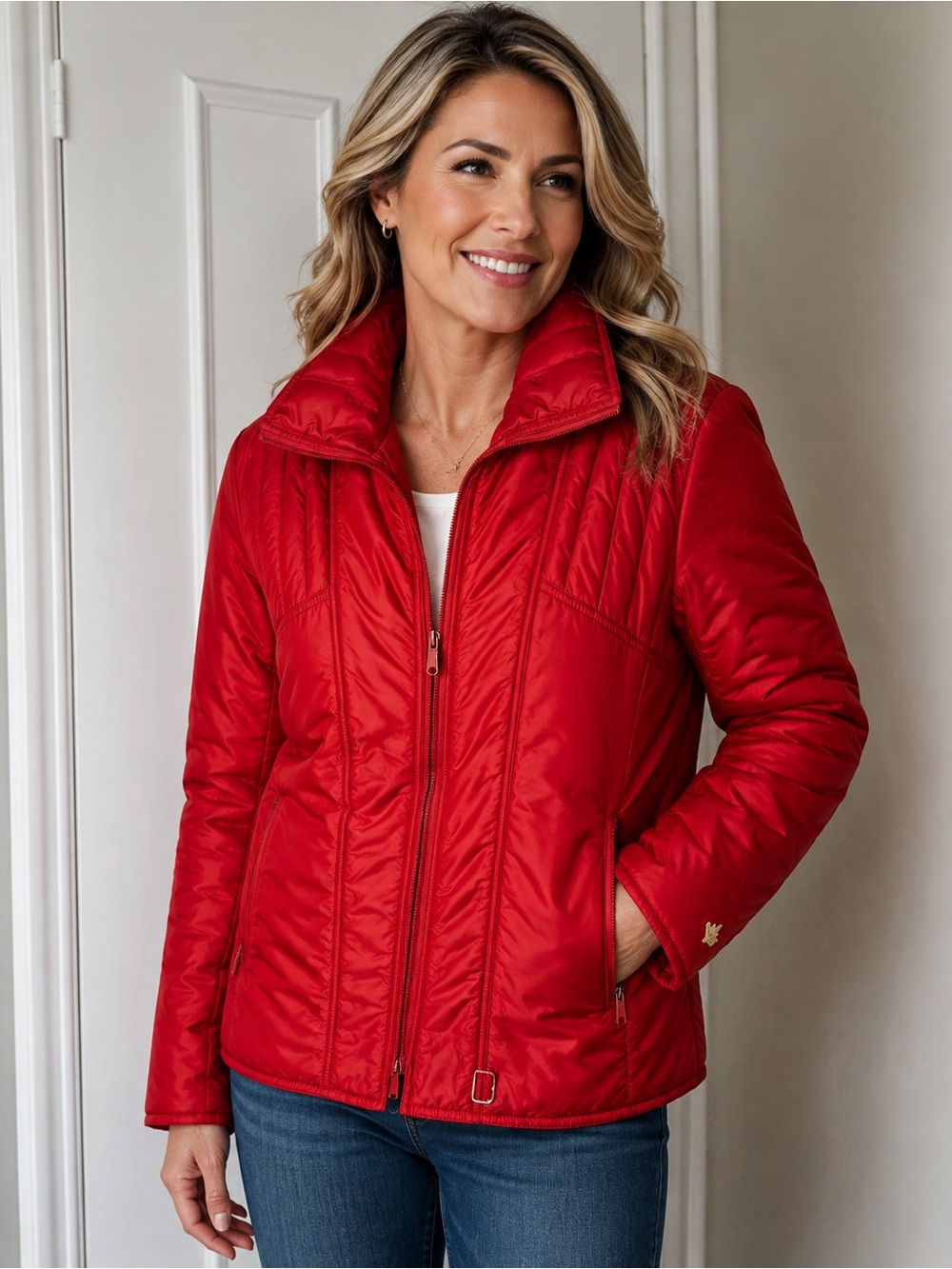 White Stag Red Quilted Zip Puffer Jacket - Women ski coat down filled